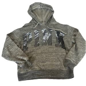 PINK Victoria’s Secret Sequin Bling Pullover Hoodie Gray Heather XS Extra Small